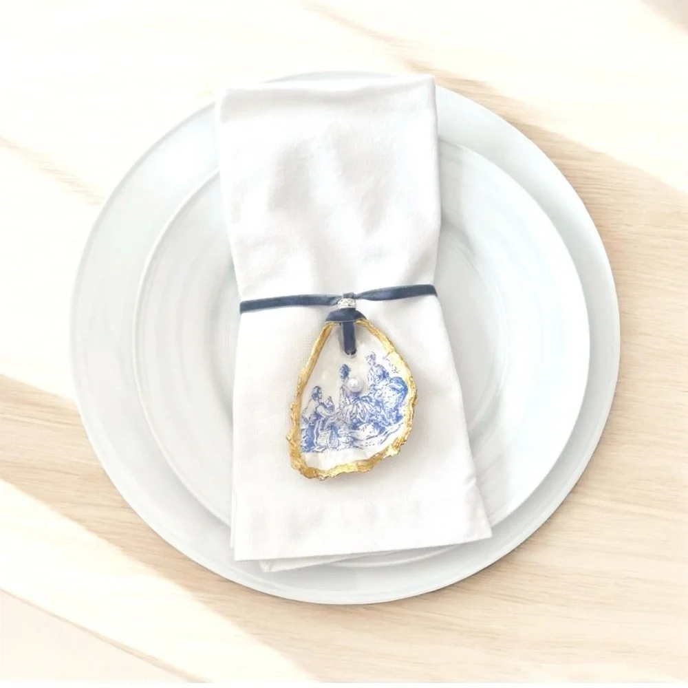 Set of 6 Handcrafted Blue Toile Oyster Shell Napkin Ring Holders - Picture 5 of 10